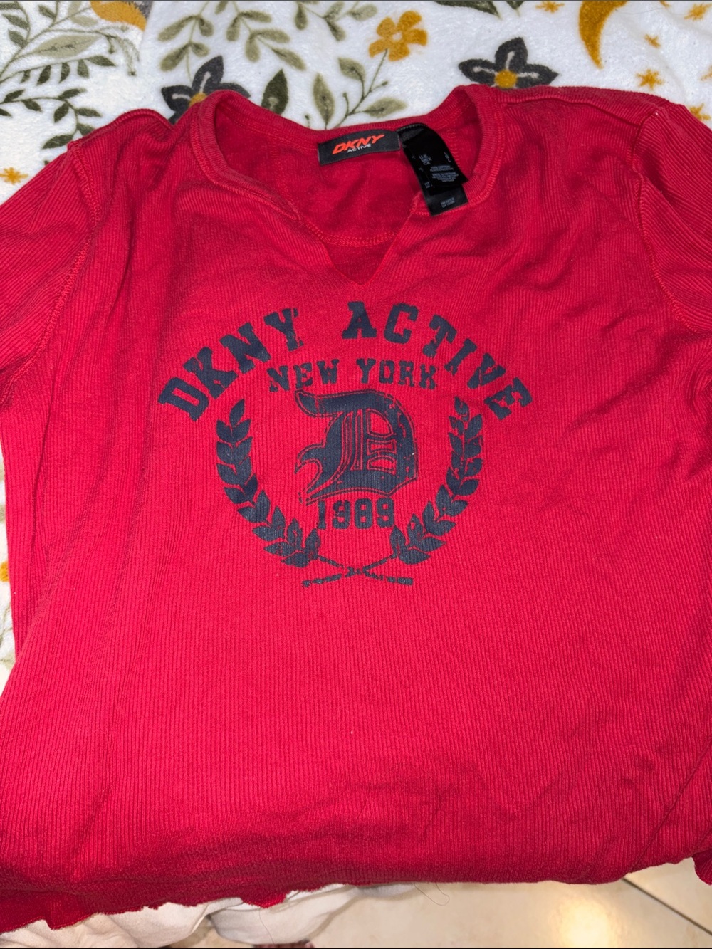 DKNY Red Long Sleeve Graphic Top with Navy Logo